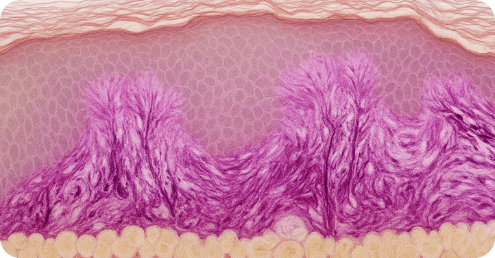Illustration of skin cross-section with denser and deeper collagen network indicating improved skin structure