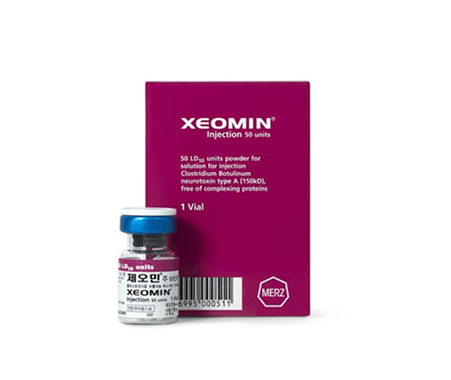 Xeomin Botulinum Toxin 50 units product box and medical vial in purple packaging