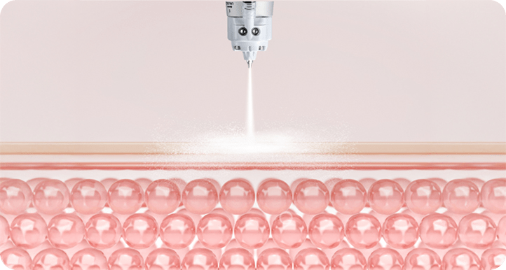 Jet injection mechanism delivering active serum directly into the skin dermis for regeneration.