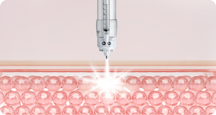 Precise jet nozzle spraying active ingredients for deep skin tissue repair and rejuvenation.