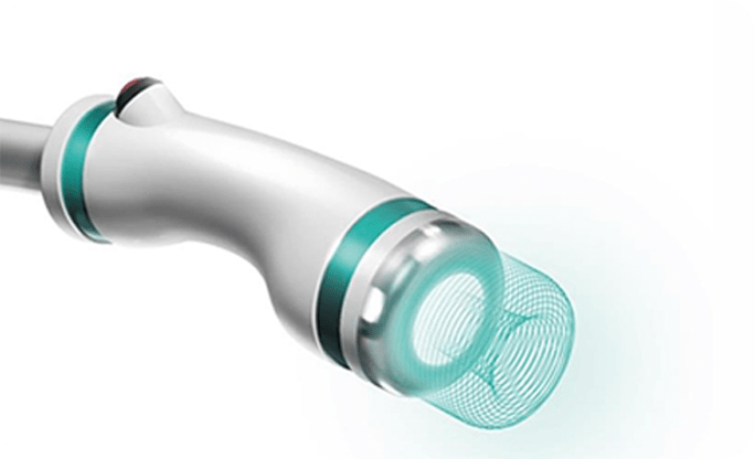 RF microneedling handpiece emitting energy from a circular tip with glowing grid visualization