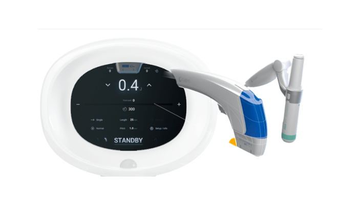 Close-up of HIFU device interface and applicator handpieces