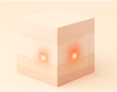 Skin layer diagram with localized heat points indicating collagen stimulation