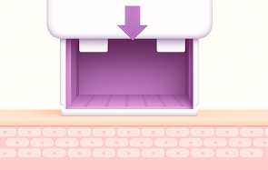 Device applicator positioned above skin surface with downward pressure indicator arrow