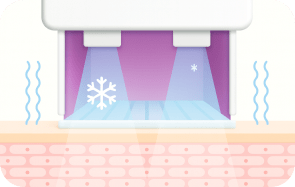 Cooling energy application diagram with blue light and snowflake icons over skin