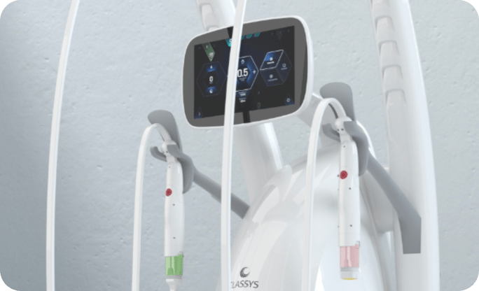 Aesthetic medical device with dual handpieces and digital display in a clinical setting